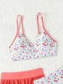 Tween Girls' Floral Print Bikini Set With Thin Straps