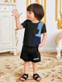 SHEIN Baby Boys' Casual Comfortable Color Block Round Neck Short Sleeve Top