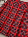 SHEIN Kids KDOMO Tween Girls' Slim Fit Checkered Pleated Skirt In College Style