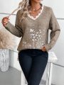 Butterfly Embroidery Lace Trim V-Neck Sweater