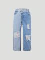 Girls' Vintage Personality Design Color Blocking Ripped Jeans With Slanted Waist And Straight Leg, Casual And Comfortable