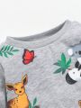 SHEIN Baby Boys' Cartoon Animal Pattern Round Neck Sweatshirt With Decorative Pocket & Solid Color Overalls Set