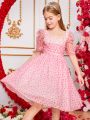 SHEIN Kids CHARMNG Girls' Romantic Elegant Valentine's Day Heart Mesh Dress