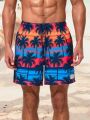 SHEIN Men'S Swim Trunks With Coconut Tree Print And Drawstring Waist