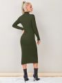 SHEIN Essnce Mock Neck Split Thigh Ribbed Knit Bodycon Dress