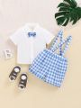 SHEIN Baby Boy'S Gentleman Suit White Short Sleeve Shirt + Bowtie Grid Suspenders Shorts Set