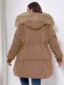 Plus Drawstring Waist Fuzzy Trim Hooded Parka Coat