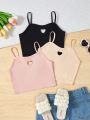 SHEIN Kids EVRYDAY Big Girl's Knitted Solid Color Love Pattern Camisole Three-piece Set