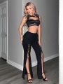 SHEIN ICON Low-Rise Strap Detail Slit Wide Leg Pants