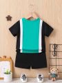 Street Style Fashionable Boys' Color Block Short Sleeve T-Shirt And Shorts Set