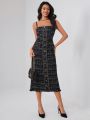 JALISSE AMBROSIA Plaid Pattern Raw Hem Button Front Tweed Cami Dress