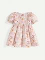 Cozy Cub Baby Girl's 2pcs/Set Plant Cartoon Patterned Round-Neck Dress With Ruffled Hem And Bubble Sleeves