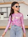 SHEIN Kids Y2Kool Big Girl Sweet Casual Fit Colorful Round Neck Long Sleeves