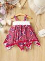 Summer Baby Girls' Fashionable Vintage Geometric Printed Spaghetti Strap Dress