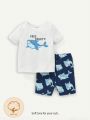 Cozy Cub 2pcs Baby Boy Cartoon Shark Print Short Sleeve T-Shirt And Shorts Pajama Set