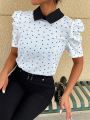 SHEIN Mulvari Heart Pattern Patchwork Collar Puff Sleeve Shirt