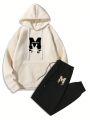 Extended Sizes Men Plus Letter Graphic Kangaroo Pocket Drawstring Hoodie & Sweatpants