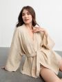 SHEIN Leisure Comfy & Breathable Lightweight Crinkle Cotton Gauze Kimono Style Lounge Top - Khaki