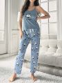 Panda Printed Camisole Tank Top And Long Pants Pajama Set