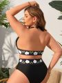 SHEIN Swim Vcay Women's Plus Size Floral Printed Halter V-neck Bikini Swimsuit Set