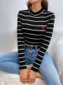 SHEIN Frenchy Heart Embroidered Striped T-shirt