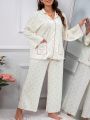 Plus Ditsy Floral Print Contrast Piping PJ Set