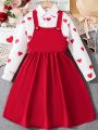 SHEIN Kids CHARMNG Tween Girls' Heart Print Long Sleeve Blouse And Overall Dress 2pcs/Set