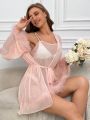 Fuzzy Trim Belted Robe & Cami Dress PJ Set