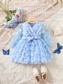 Baby Girls' Butterfly Applique Mesh Patchwork V-Neck Dress