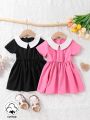 SHEIN Baby Girls' Two Piece Set, Patchwork Doll Collar Casual Elegant Dress