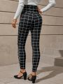 EMERY ROSE Women's Slim Fit Grid Pattern Printed Long Pants