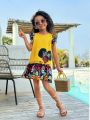 SHEIN Kids Cooltwn Young Girls' Daily Casual Colorblock Cartoon Butterfly Print Cap Sleeve Dress