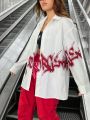 SHEIN Coolane Ladies' Oversized Shirt With Graffiti Text Print