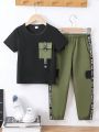 Little Boys' Color-Block Letter Detail Woven Tape T-Shirt And Cargo Pants 2pcs/Set