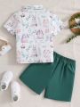 SHEIN Kids FANZEY Young Boy Bunny & Plant Printed Shirt With Solid Color Shorts Gentleman Outfit Set