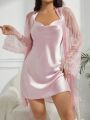 Women'S Lace Long Sleeve Robe And Cami Slip Nightgown Pajama Set