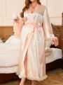 Women'S Plus Size Patchwork Mesh Trim Satin Robe