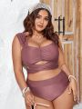 SHEIN Swim Vcay Plus Size Crossed Hem Wide Strap Top And High Waisted Triangle Bikini Bottom Set