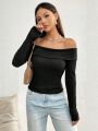 SHEIN ICON Off-shoulder Solid Color Long Sleeve T-shirt