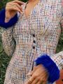 Sire Leo Lamar Plaid Pattern Fuzzy Cuff Tweed Blazer Dress