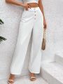 SHEIN Frenchy Women'S Solid Color Buttoned High Waist Wide Leg Pants With Slanted Pockets