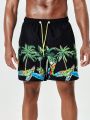 Men'S Coconut Tree & Cartoon Printed Beach Shorts With Slanted Pockets