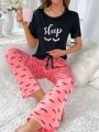 Cartoon Letter Printed Pajamas Set