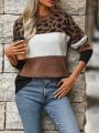 Leopard Pattern Colorblock Drop Shoulder Sweater