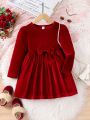 SHEIN Kids CHARMNG Little Girls' Simple And Elegant Velvet Fabric Elastic Round Neck Long Sleeve Dress For Spring And Autumn