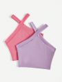 SHEIN Teen Girl 2pcs Knitted Solid Color Vacation Halter Top With Ribbed Hem