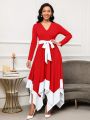 SHEIN Lady Contrast Color Irregular Hem Belted Dress