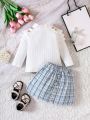 Baby Girl Ruffle Trim Tee & Plaid Fake Button Skirt