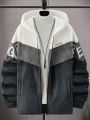 Loose Fit Men's Plush Hooded Color Block Jacket With Embroidered Letters