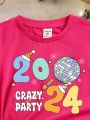 Young Girls' Casual Short Sleeve T-Shirt With Happy New Year 2024 Print, Suitable For Summer